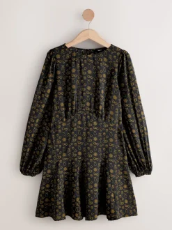 Black Croissant Print Mini Long Sleeve A-Line Seam Detail Dress