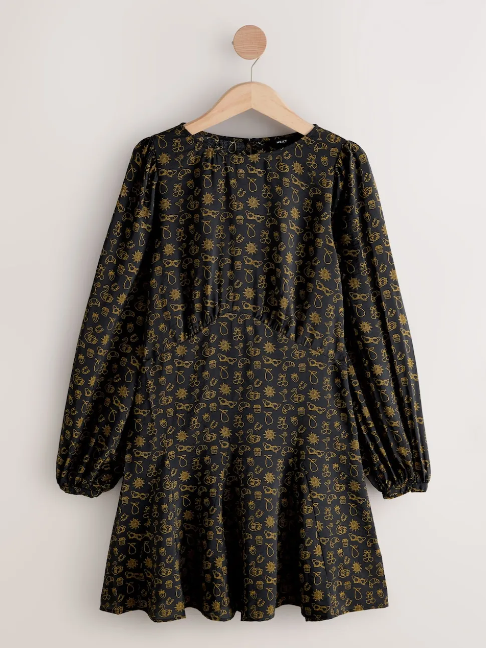 Black Croissant Print Mini Long Sleeve A-Line Seam Detail Dress