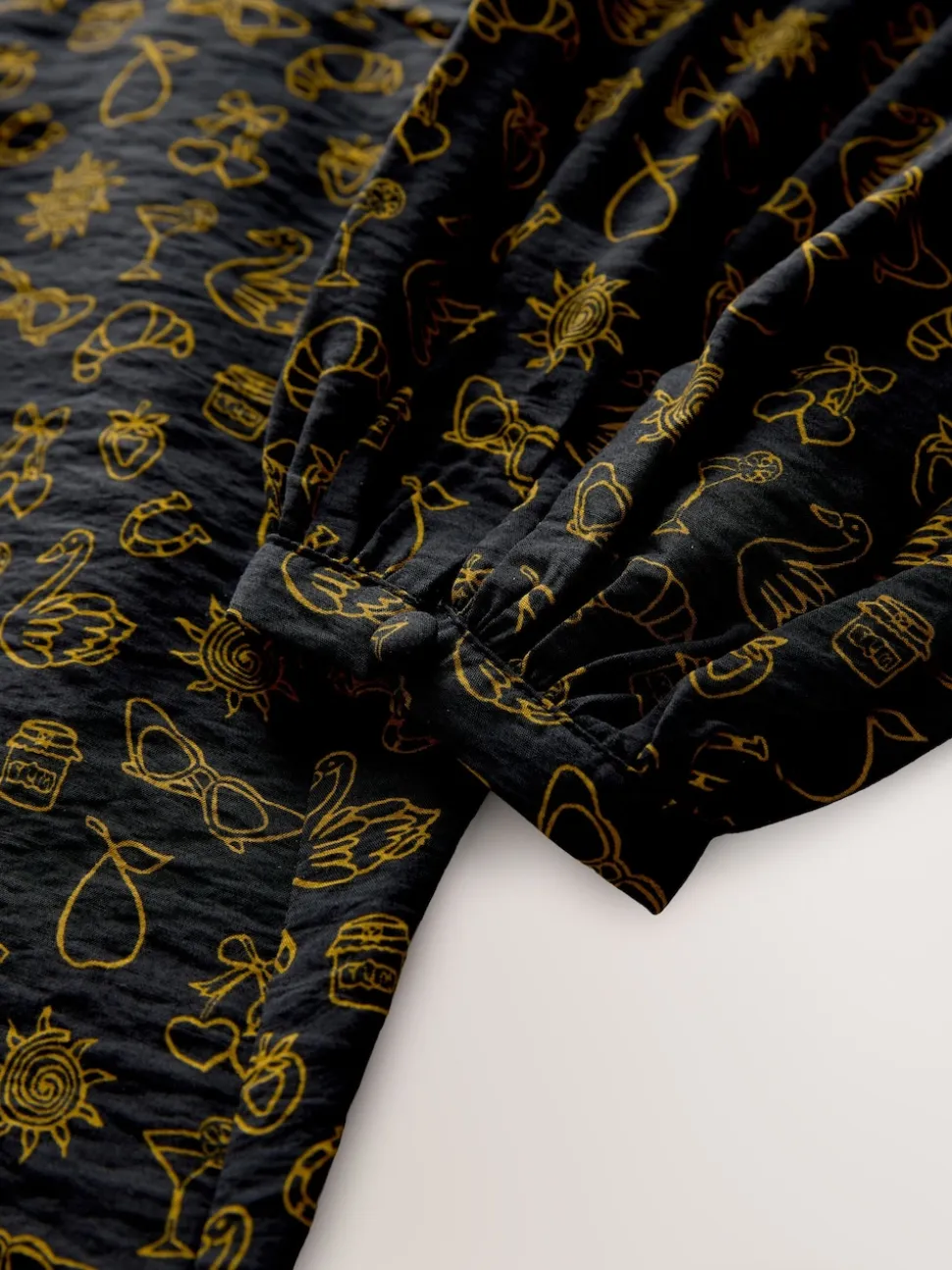Black Croissant Print Mini Long Sleeve A-Line Seam Detail Dress