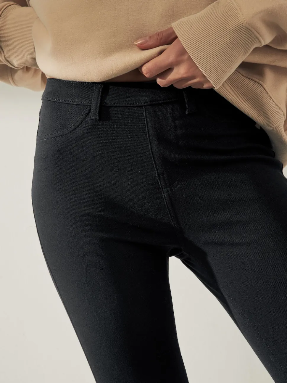Black Cropped Denim Jersey Leggings