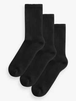 Black Cushion Sole Ribbed Sport Ankle Socks 3 Pack With Arch Support