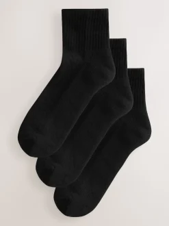 Black Cushion Sole Ribbed Sport Cropped Ankle Socks 3 Pack With Arch Support