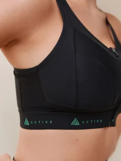 Black DD+ Active Sports Zip Front Dry Tech High Impact Bra