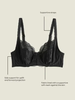 Black DD+ Non Pad Full Cup Side Support Embroidered Bra