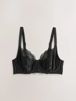 Black DD+ Non Pad Full Cup Side Support Embroidered Bra