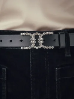 Black Diamante Statement Buckle Regular Leather Belt