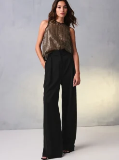 Black Elastic Back Wide Leg Trousers