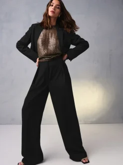 Black Elastic Back Wide Leg Trousers