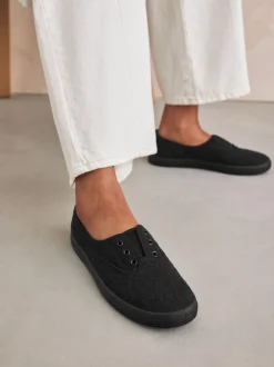 Black Embroidered Laceless Canvas Slip On Trainers