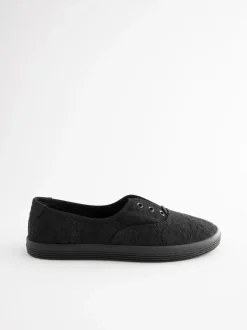 Black Embroidered Laceless Canvas Slip On Trainers