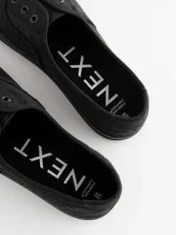Black Embroidered Laceless Canvas Slip On Trainers
