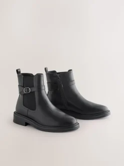 Black Extra Wide Fit Buckled Chelsea Boots