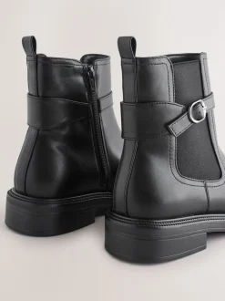 Black Extra Wide Fit Buckled Chelsea Boots