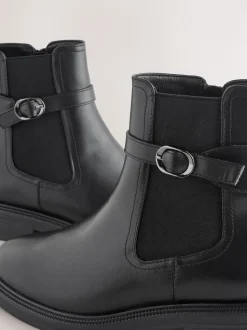 Black Extra Wide Fit Buckled Chelsea Boots
