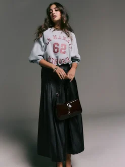 Black Faux Leather Midi Kilt Skirt