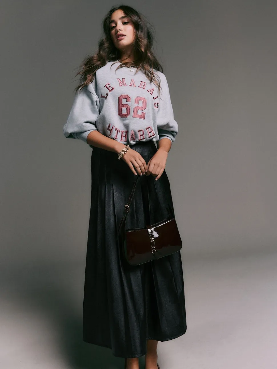 Black Faux Leather Midi Kilt Skirt