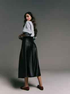 Black Faux Leather Midi Kilt Skirt