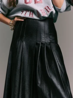 Black Faux Leather Midi Kilt Skirt
