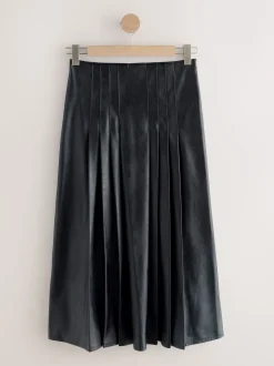 Black Faux Leather Midi Kilt Skirt