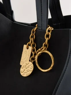 Black Faux Suede Mix Charm Shoulder Bag
