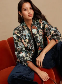 Black Floral Jacquard Bomber Jacket