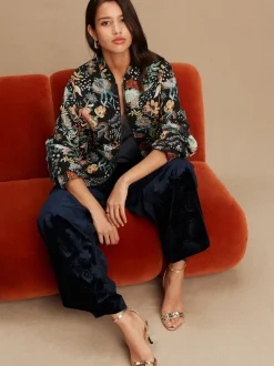 Black Floral Jacquard Bomber Jacket