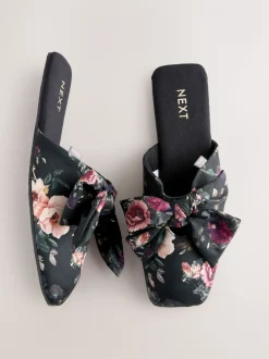 Black Floral Velvet Bow Slippers