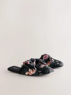 Black Floral Velvet Bow Slippers