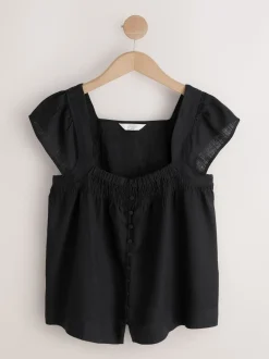 Black Flutter Sleeve Button Front Top With Linen