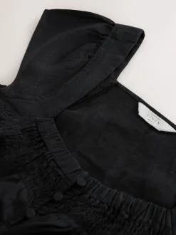 Black Flutter Sleeve Button Front Top With Linen