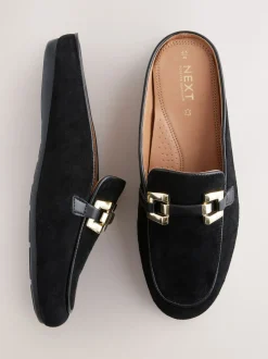 Black Forever Comfort® Leather Hardware Trim Detail Loafer Mules