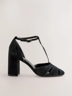 Black Forever Comfort® Leather T-Bar Cutout Closed Toe Block Heels