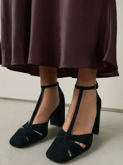 Black Forever Comfort® Leather T-Bar Cutout Closed Toe Block Heels