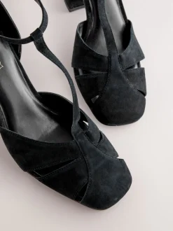 Black Forever Comfort® Leather T-Bar Cutout Closed Toe Block Heels