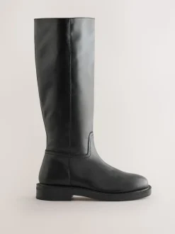 Black Forever Comfort® Leather Round Toe Chunky Knee High Boots