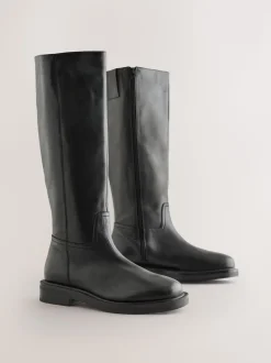 Black Forever Comfort® Leather Round Toe Chunky Knee High Boots
