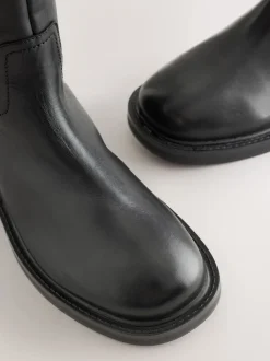 Black Forever Comfort® Leather Round Toe Chunky Knee High Boots