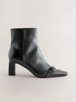 Black Forever Comfort® Point Chisel Toe Block Heel Buckle Detail Boots