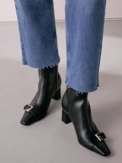 Black Forever Comfort® Point Chisel Toe Block Heel Buckle Detail Boots