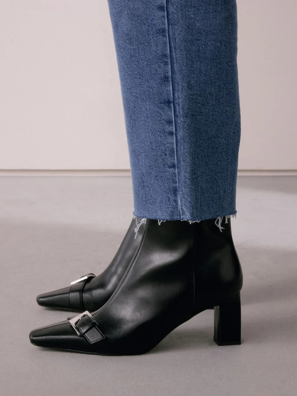 Black Forever Comfort® Point Chisel Toe Block Heel Buckle Detail Boots
