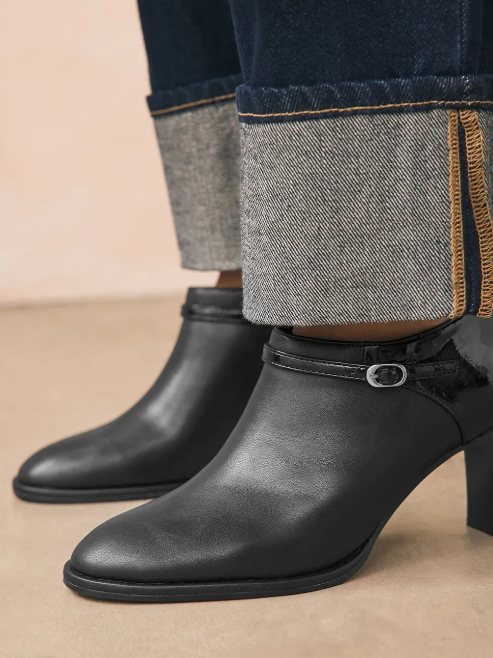 Black Forever Comfort® Round Toe Block Heel Buckle Detail Shoe Boots