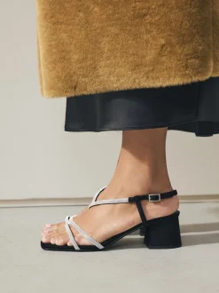 Black Forever Comfort Square Toe Jewelled Strappy Block Heeled Sandals