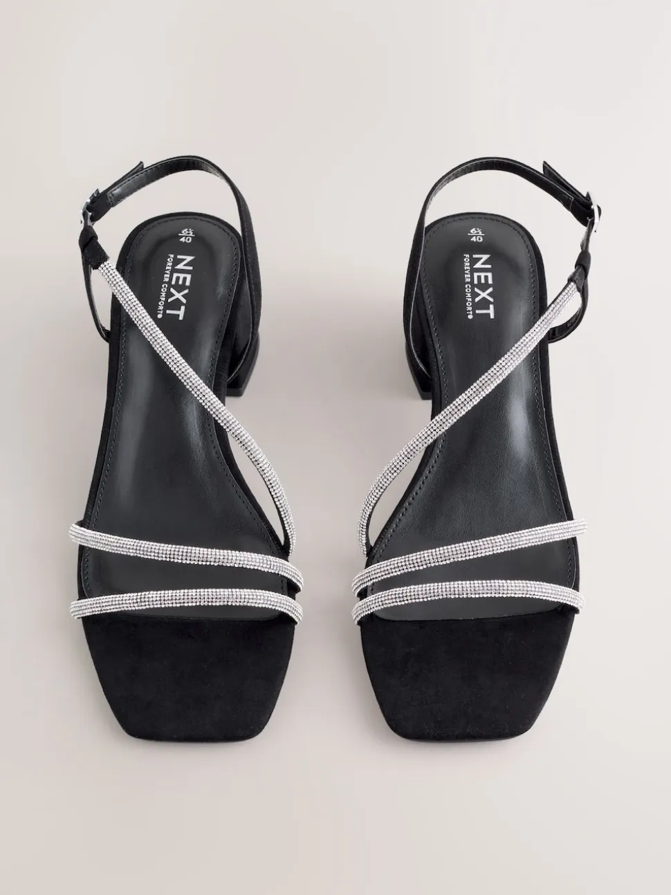 Black Forever Comfort Square Toe Jewelled Strappy Block Heeled Sandals