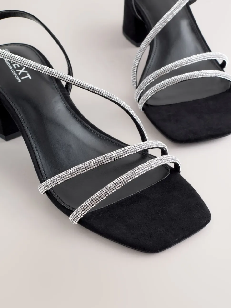 Black Forever Comfort Square Toe Jewelled Strappy Block Heeled Sandals