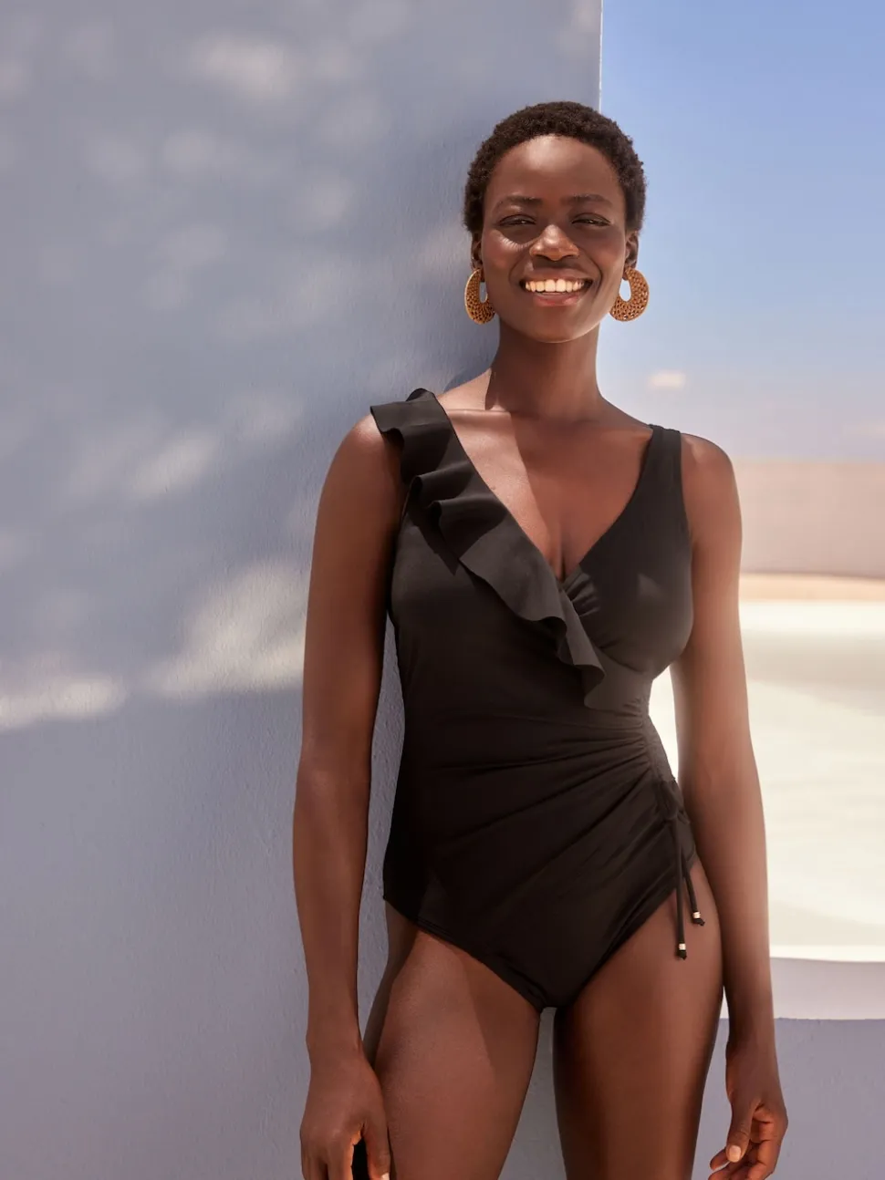 Black Frill Wrap Tummy Shaping Control Swimsuit