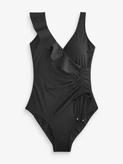 Black Frill Wrap Tummy Shaping Control Swimsuit