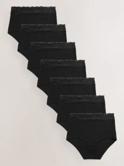 Black Full Brief Cotton and Lace Knickers 7 Pack
