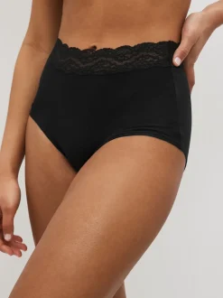 Black Full Brief Cotton and Lace Knickers 7 Pack