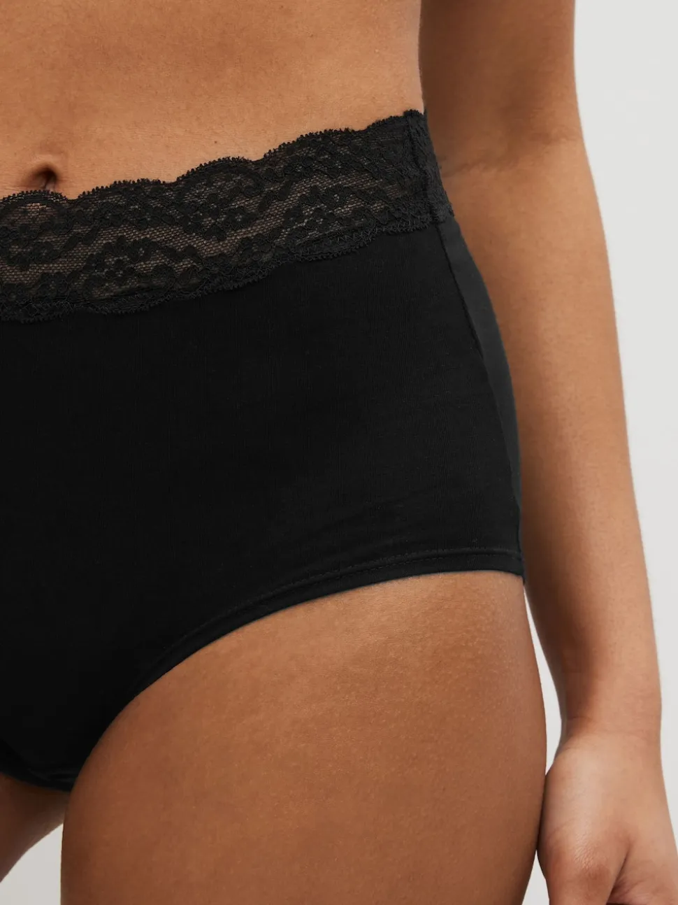 Black Full Brief Cotton and Lace Knickers 7 Pack
