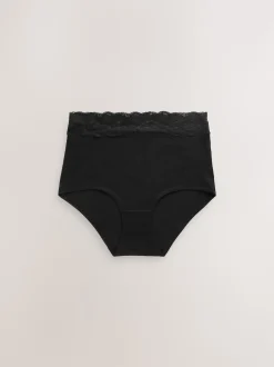 Black Full Brief Cotton and Lace Knickers 7 Pack